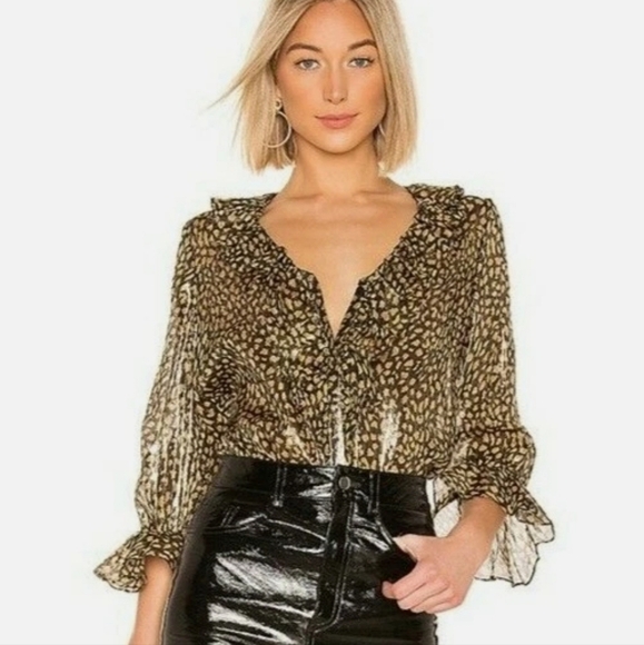 Alice + Olivia Elliot Long-Sleeve Leopard Ruffle Blouse. - Picture 1 of 9